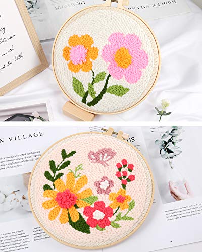 Pllieay 2 Set Punch Needle Embroidery Starter Kits Include Instructions, Punch Needle Fabric with Pattern, Yarns, Embroidery Hoops for Rug-Punch & Pinch Needle - size: 2 Style