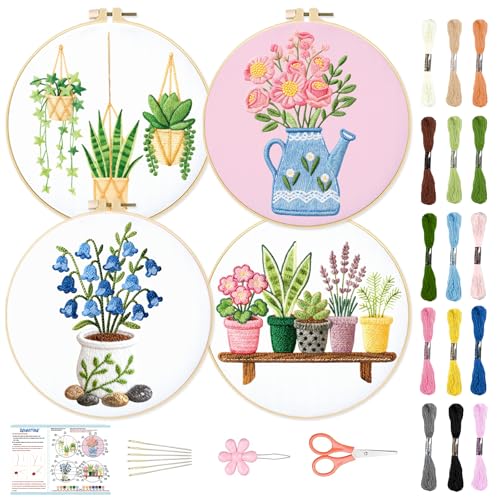 BEUNITONE 4 Set Embroidery Kit for Beginners, Vase Plants Cross Stitch Kits, Needlepoint Kits for Adults with Instructions and Full Kit, Creative Hand Embroidery Patterns for Cloth and Home Decor - style: B-Potted Plant