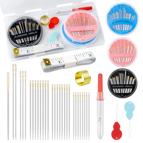 FIVEIZERO Premium Hand Sewing Needles Set,90-Count Assorted Embroidery Needles with threaders,Thread Removal Knife, Thimble,Soft Tape Measure for Hand Sewing Repair - color: Pink+Black+Blue
