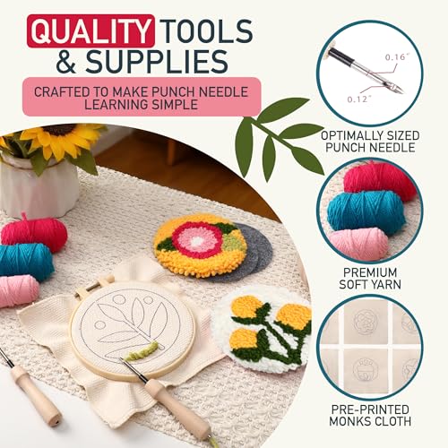 Emri Lane Punch Needle Kit – 6 Floral Design Punch Needle Embroidery Kit - color: Bright Craft