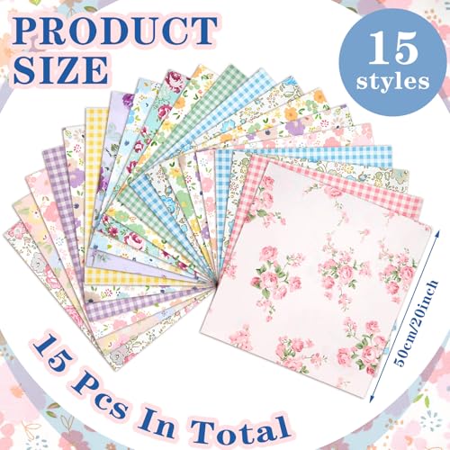 Kingdder 15 Pcs 20 x 20 Inch Floral Gingham Quilting Fabric Bundles Colorful Flower Fat Quarters Squares Pastel Fabric by The Yard Precuts Patchwork for Summer DIY Sewing Home Craft Decor - style: Spring Gingham