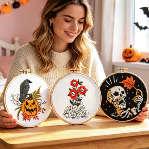 Gothic Halloween Embroidery Starter Kit for Beginners Adults, Stamped Cross Stitch Kit Needlepoint Kit for Beginner Adult, 3 Embroidery Hoop 3 Set Embroidery Supplies (Attached Teaching Video QR Code) - color: White