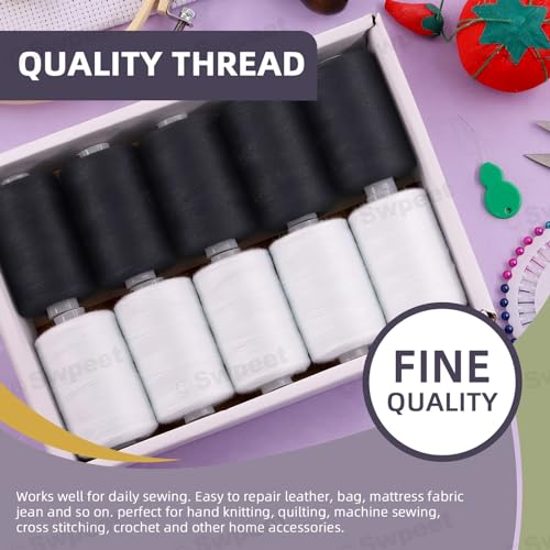Swpeet 10Pcs 1000 Yards Black White 2 Colors All Purpose Threads Assorment Kit, Handy Polyester Sewing Threads Embroidery Thread, Hand Sewing Needle Threaders Set for Crafters Lovers - color: Black and White Styles