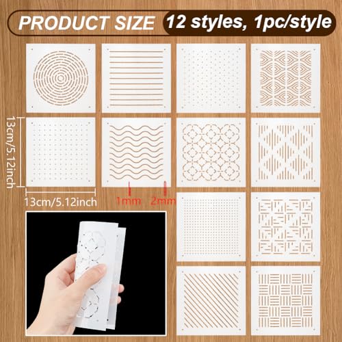 BENECREAT 12Pcs Plastic Sashiko Stencil, 5x5inch Dots, Lines, Waves, Slashes Traditional Embroidery Tool Drawing Line Template for Hand Quilting and Embroidery, 0.3mm Thick - style: Traditional Patterns
