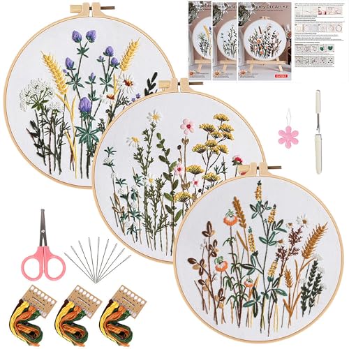 Herdiese Embroidery Kit for Beginners & Adults, 3PCS Floral Patterns. - color: Flower-C (3 Pack)