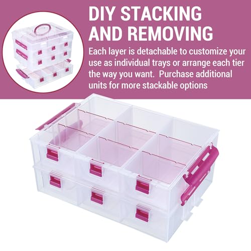 MyGift Stackable Single Tray Add-On for 11-Inch Clear Arts & Crafts Container, 9-Compartment Sewing Supplies Organizer with Removable Dividers for Craft Storage, Includes 3 Drawers - color: Clear & Pink (Add on Tray Only)