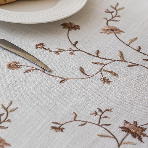 Joyfol Day Linen Waterproof Round Tablecloth with Tassels, Rustic Farmhouse Flowers Embroidery Table Cloths for Round Tables, Heavy Weight Spill-Proof Table Covers, Coffee Florals, 55 inch - color: Coffee Florals, size: 55" (Round)