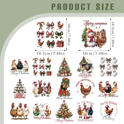 Dazoratix Chicken Christmas Iron on Transfers - 24 Sheets Funny DTF Ready to Press Heat Patches Coquettee Bow Merry Xmas Farm Stickers Vinyl Decals T Shirts Clothing Pillow Bag DIY Crafts Decorations - style: Chicken Christmas