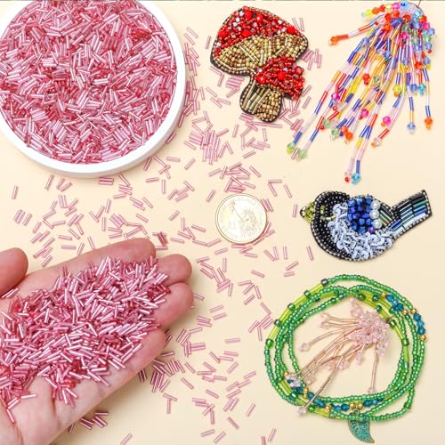 4200pcs Glass Bugle Beads, Mini Long Tube Seed Beads Bulk, Tiny Small Loose Spacer Embroidery Beaded for Bracelets Jewelry Making Sewing, Crafts, Christmas Ornaments, 2×6mm, Pink - color: Light pink