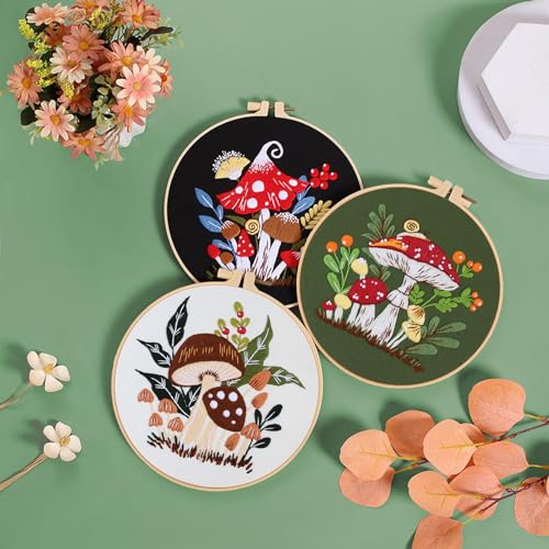 Smart-Feather 3 Sets Mushroom Embroidery kit for Beginners, Hand Embroidery Kits for Adults with Hoop, DIY Art Project Craft Kit (Mushroom) - style: Mushroom