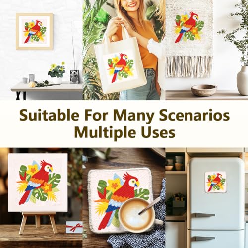DOODLREAM Tropical Parrot Needle Kit for Beginner, 9.4"x 9.4" Jungle Floral Punch Stitching Craft Set, Color Bird DIY Embroidery Starter with Printed Frame, Instruction, Threader, Yarn, Pinch Needle - color: Parrot