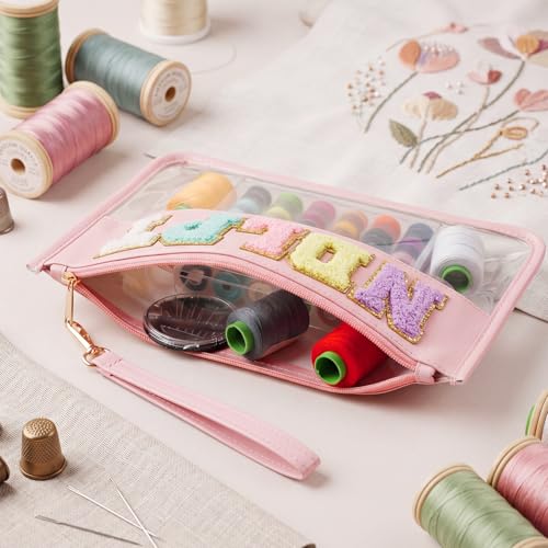 Klyyo Clyro Needlepoint Project Bag Clear Embroidery Sewing Bag Sewing Craft Organizer Storage Chenille Letter Zipper Pouch for Quilting Embroidery Knitting Stitching Cross Stitch Crochet (Pink) - color: Pink
