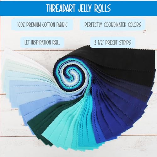 Threadart Blue Shades Jelly Roll - 40 Precut 2.5" Cotton Strips - color: Blue Solids
