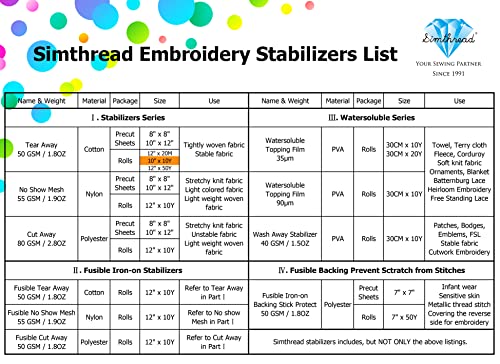 Tear Away Embroidery Stabilizer Simthread Embroidery Backing - 1.8 Ounces Medium Weight 10" x 10Y/Roll for Machine Embroidery - size: 10"x10Y Roll
