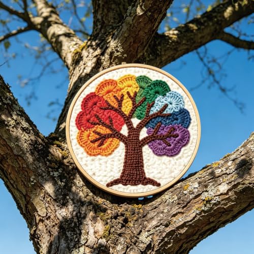 BEUNITONE 2PCS Punch Needle Kit for Adults Beginners, Rainbow Tree of Life Needlepoint Crafts Kit for Adults, Complete Embroidery Starter Kit with Pre-Print Pattern and Hoop for Home Decor 7.9"x7.9" - color: 11-Colorful Tree