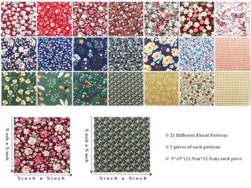42-Pack 5x5 Inch Dark Floral Cotton Charm Packs for Quilting - Small Floral Print Fabric Squares,Precut Quilting Supplies for Patchwork & Sewing