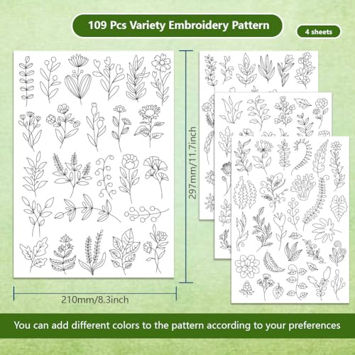BENECREAT 4 Sheets Plants Sewing Embroidery Stabilizers, 109pcs Flowers Grass Embroidery Paper with Pre-Printed Water Soluble Stabilizer for Embroidery Hand Sewing Lover Beginners - color: Plants