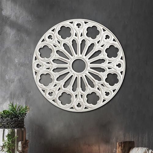 XIAOAIKA Round Hand-Carved Wood Wall Art, Floral Geometric Design, 24 Inch - color: White