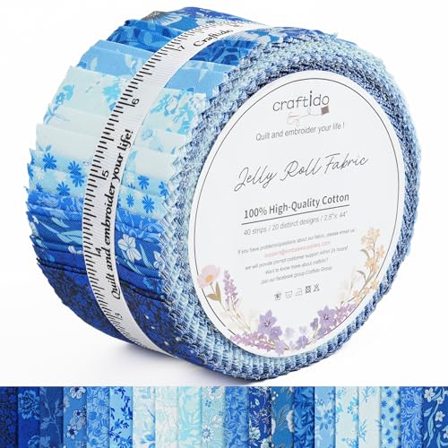Craftido-20 Options-100% Cotton Jelly Roll Fabric Precut Strips for Quilting, Crafting, and Sewing, 40 Strips 2.5" x 44" Assorted Bundles for Rug, Quilt Project, DIY Craft and Home Decor-Timeless Blue - color: Timeless Blue