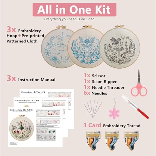 Embroidery Kit for Adults, Pre-Stamped Pattern Embroidery Kit for Beginners, Needlepoint Starter Kit with Hoop Thread Needle Instruction, 7.9'' Hoop (Flower Fairy 3 Packs) - style: Flower Fairy 3 Packs