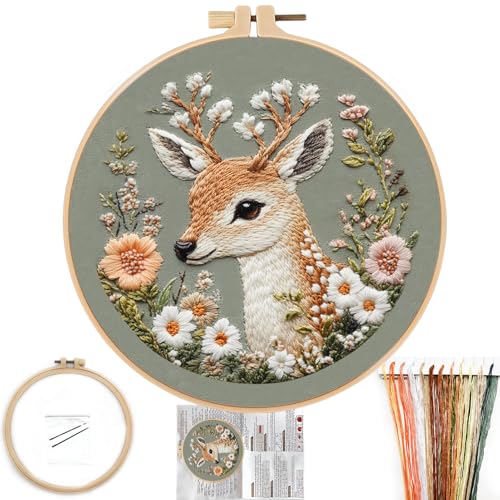 FONNUY Printed Deer and Floral Embroidery Kit with Hoop, Cross Stitch Kits for Beginners, Handmade Crafts, Easy to Follow Color Thread Needlework, 8'' Hoop (Deer and Blossoms) - color: Deer and Blossoms