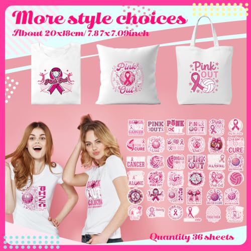 Tellingyou 36 Sheets Breast Cancer Awareness Iron on Transfers Pink Out Dtf - style: Pink out