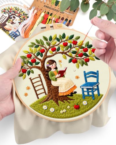 ERKOON Embroidery Kit for Beginners Adult, Cross Stitch Set Include Embroidery Cloth Hoop Threads for Craft Lover Hand Stitch with Embroidery Skill Techniques (Apple Tree) - color: Apple Tree
