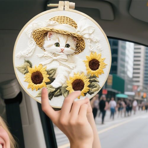 FONNUY White Kitten Embroidery Kit, Sunflowers Cat Lace Hat Cross Stitch Kits for Beginners, Handmade Crafts with Printed Patterns for Adults, Color Thread Needlework, 8'' Hoop (Cat 01) - color: Cat 01