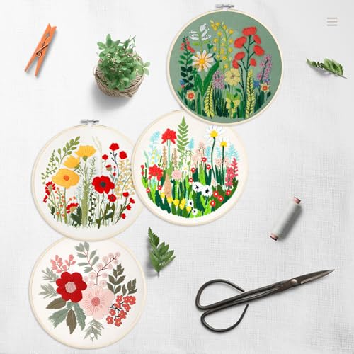 Bonroy Embroidery Kit for Beginners with Instructions,Cross Stitch Kits for Adults with Pattern,Needlepoint Kits for Adult Include Embroidery Cloth Hoops Needles Threads (flowers5) - color: flowers5