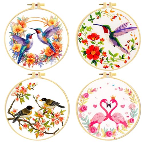 FEIYUENO 4 Pack Hummingbird Embroidery Kit for Adults Beginner, Bird - color: Bird