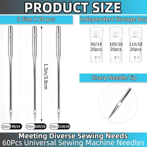 60 Pcs Universal Heavy Duty Sewing Machine Needles Size HAX1 110/18,100/16,90/14,Quilting Sewing Machine Needles for Thick Fabric Leather Jeans Canvas Embroidery,Compatible with Kind of Sewing Machine
