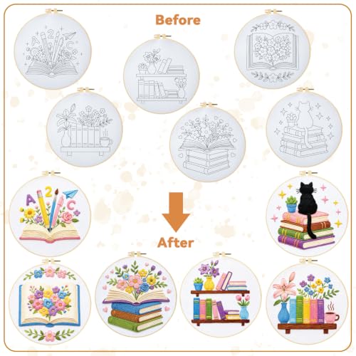 BEUNITONE 6 Set Embroidery Kit for Beginner Adults, Books & Flowers Cross Stitch Set with Stamped Pattern Hoops Threads Cloth Needles, Embroidery Starter Kit for Gifting and Home Decoration - style: Colorful Book