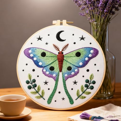BEUNITONE 6 Set Moth Embroidery Kit for Adults Beginners, DIY Needlepoint Craft Kits with Instructions and Hoops, Complete Starter Set for Adults, Handmade Embroidery for Gifts and Home Decor 20x20cm - style: Moth