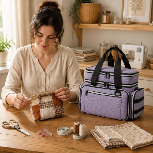 Lyhaxon Sewing Organizer Storage Bag, Double Layer Sewing Box Case - color: Purple