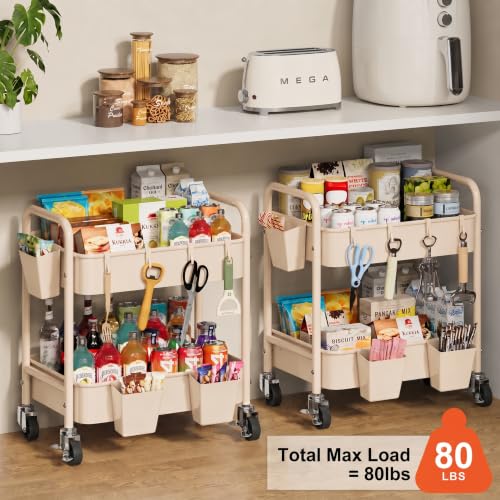 2 Tier Small Rolling Cart Metal with Wheels, 22 Inch Beige Under Desk Carts - color: Gentle‌ Beige, size: 2 Tier + Cups + Hooks