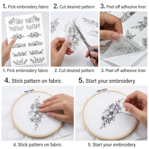 Water Soluble Embroidery Patterns 3 Sheets Stick and Stitch Stabilizer with Pre Printed Floral Flower Leave Designs for Hand Sewing