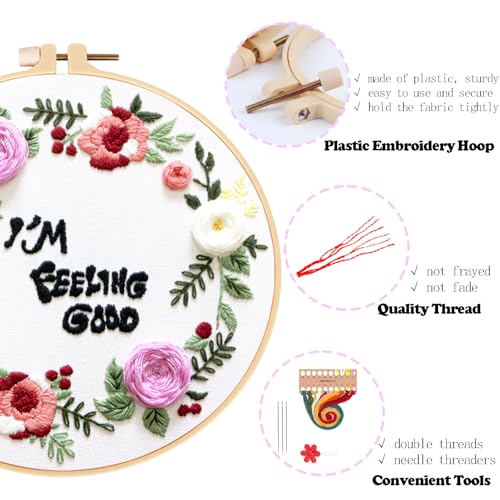 Topapfo Funny Embroidery Kit for Beginners Adults, Feeling Good Embroidery Patterns with Hoops Thread Needles Tutorials - color: feeling good