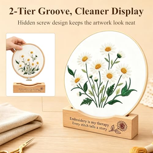 PXIRQ 2-Pack Embroidery Hoop Display Stand – 2‑Tier Grooved Frame Holder Wooden Base for Showcasing Finished Embroidery Art, Cross-Stitch Projects & Needlework, Home Decor & Craft Fairs Accessories