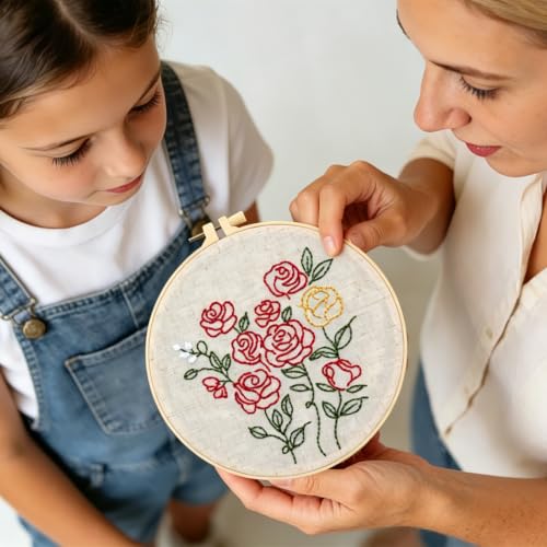Vintage Flowers Embroidery Kits for Beginners Adults, Easy Hand Embroidery Starters Kits, Floral Cross Stitch Kits DIY Needlepoint Kits for Beginners Adult, Embroidery Hoop, Thread and Video Tutorial - color: H2105