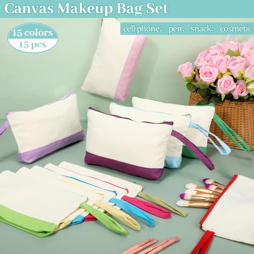 Silkfly 15 Pcs Cotton Canvas Makeup Bags Cosmetic Zipper Bags 10.2 x 5.5 x 2'' Blank DIY Pouch Bulk Pencil Case with Bottom Travel Toiletry Pouch for Women Craft Decor Gift (Novel Colors) - color: Novel Colors