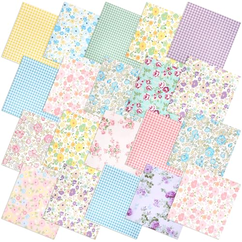 Kingdder 15 Pcs 20 x 20 Inch Floral Gingham Quilting Fabric Bundles Colorful Flower Fat Quarters Squares Pastel Fabric by The Yard Precuts Patchwork for Summer DIY Sewing Home Craft Decor - style: Spring Gingham