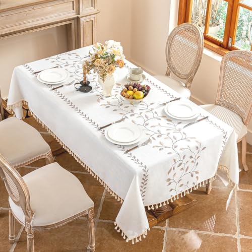 Alsoo Tablecloth Rectangle 55" x 120", Farmhouse Linen Style Table Cloth, Brown Leaf Embroidery & Tassels, Heavy Weight Rustic Wrinkle & Spill Resistant Table Cover for Dining Kitchen - color: Brown Leaf, size: 120" x 55" (Rectangular)