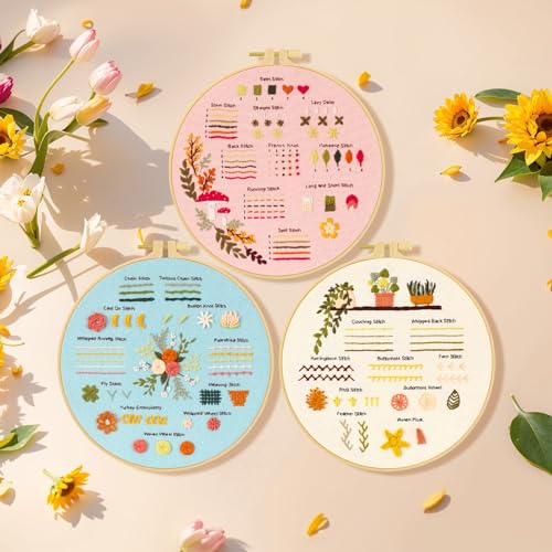 Ponpon 3 Sets Embroidery Kit for Beginners, Embroidery Kit for Adults with Follow Instruction, Cross Stitch Kits with Wooden Embroidery Hoops (Stlye B) - style: Stlye B