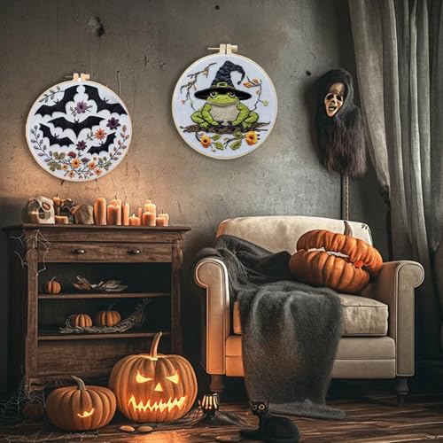Floral Witch Hat Embroidery Kit Halloween Cross Stitch Material Set with Bat Skull Flower Pumpkin Patterns, DIY Hand Needlepoint Embroidery Craft Kit for Beginners Professional (Witchy Frog) - color: Witchy Frog
