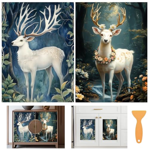 6 Sheets Forest Deer Rub on Transfers for Furniture Vintage Floral Rub on Transfer Sticker for DIY Crafts Iod Transfers Stickers for Wood Dresser Glass Window Decals Waterproof 6"x12" - style: Dreamy Deer