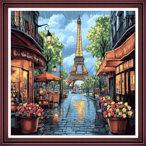 Funchey Counted Cross Stitch Kits for Adults Needlepoint Kits Unprinted Cross Stitching Embroidery Kit 11CT Cross Stitch Supplies-Twilight Scenery of the Iron Tower 18x18 inch - color: ArtsKit31