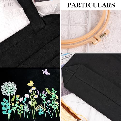 Canvas Tote Bag Embroidery Kit, Embroidery Kit for Beginners Adults, Embroidery Starter kit with Flower Pattern, Canvas Bag Cross Stitch Kits, Cross Stitch Kit with Hoops, Color Threads and Tool - color: Black Green