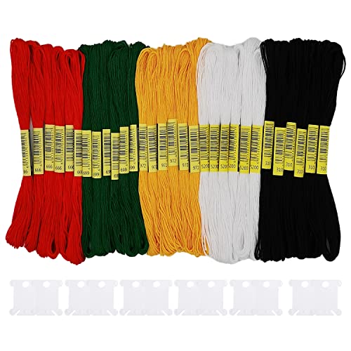 30 Skeins Embroidery Thread,Black White Red Green Golden Embroidery Floss for Cross Stitch and DIY Art Craft,Friendship Bracelets String,with 12 PCS Floss Bobbins - color: White black red green golden