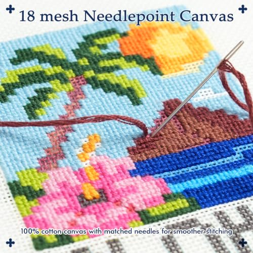 Kaitiaki 18 mesh Needlepoint Canvas Kit, 8 in Painted Canvas Set with Embroidery Floss, Needles, Guide Card, Instruction, Threader, Scissors & Project Bag for Crafter Gift(Hawaii) - color: Hawaii, size: 18 mesh