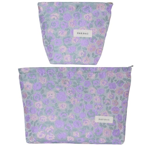 2 Pcs Embroidery Floral Makeup Bag Small Cosmetic Pouch Purse - color: Purple and Pink Flower